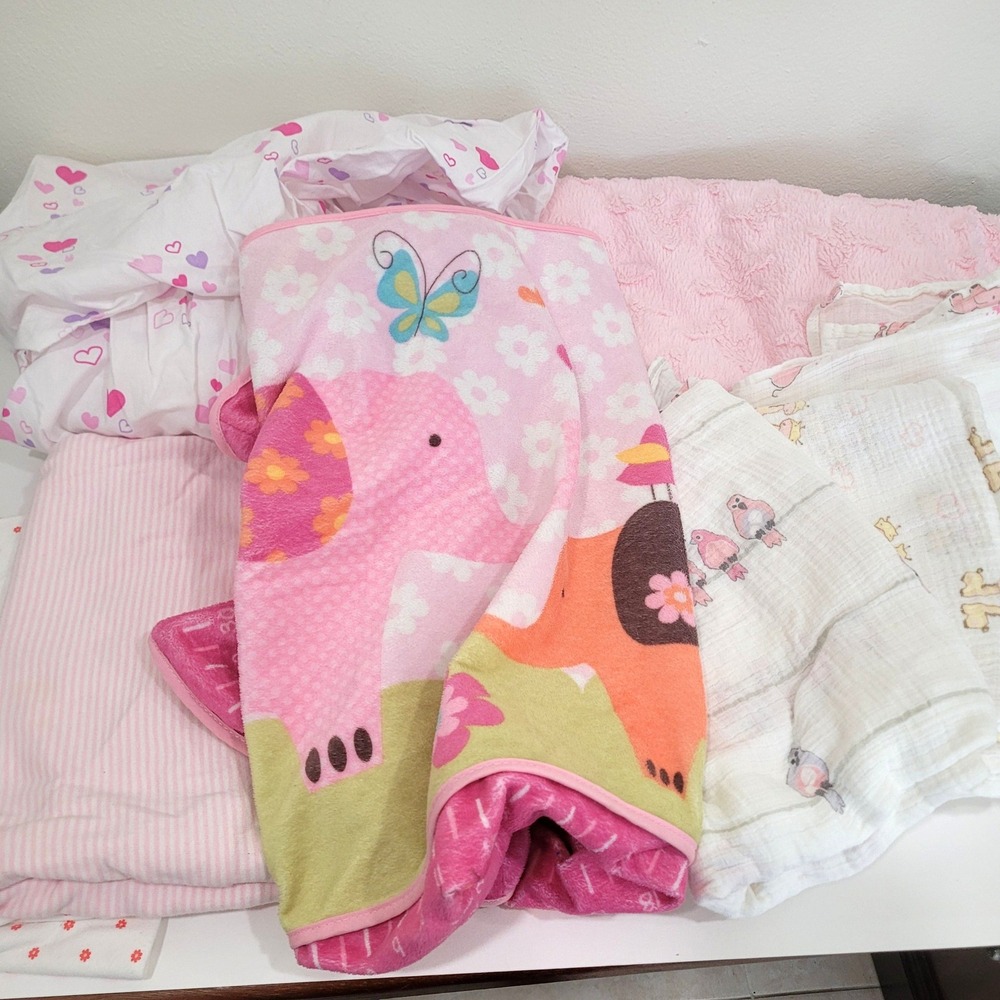 Baby Girl Blanket Bedding Lot Kyle & Deena B-Luxe Pink Elephant Heart Muslin 6pc